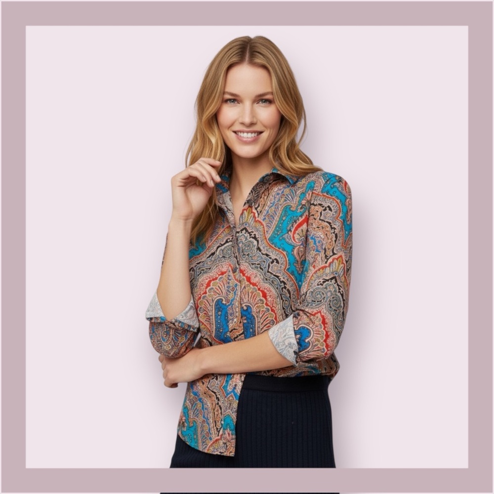 J Crew Slim Perfect Ratti Mediterranean Paisley Print Shirt Size 2